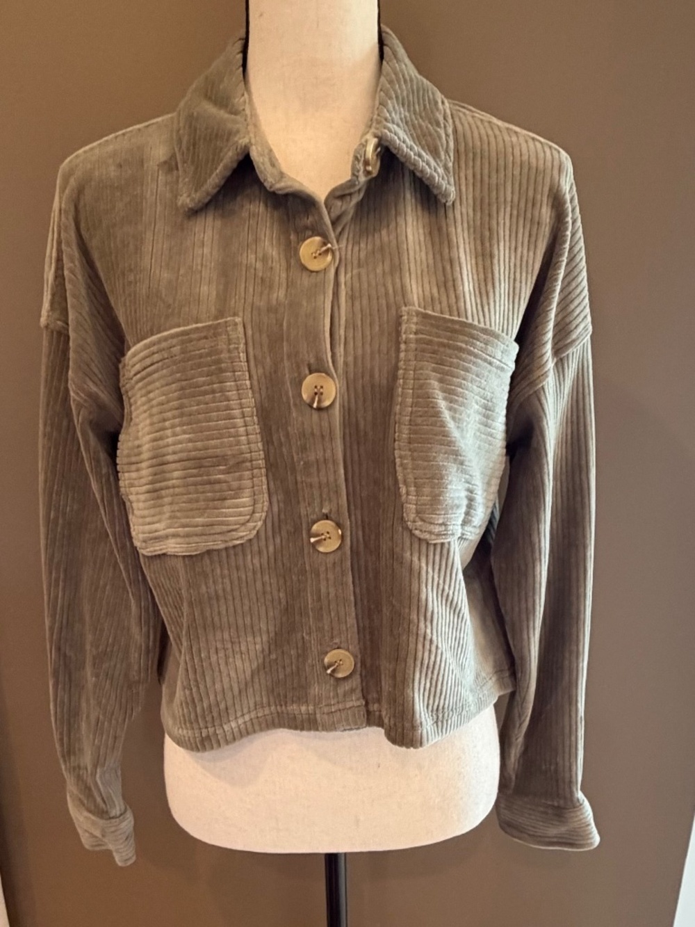 Hippie Rose Avocado Green Jacket Shirt Soft Ribbed Cropped Top, Size Large